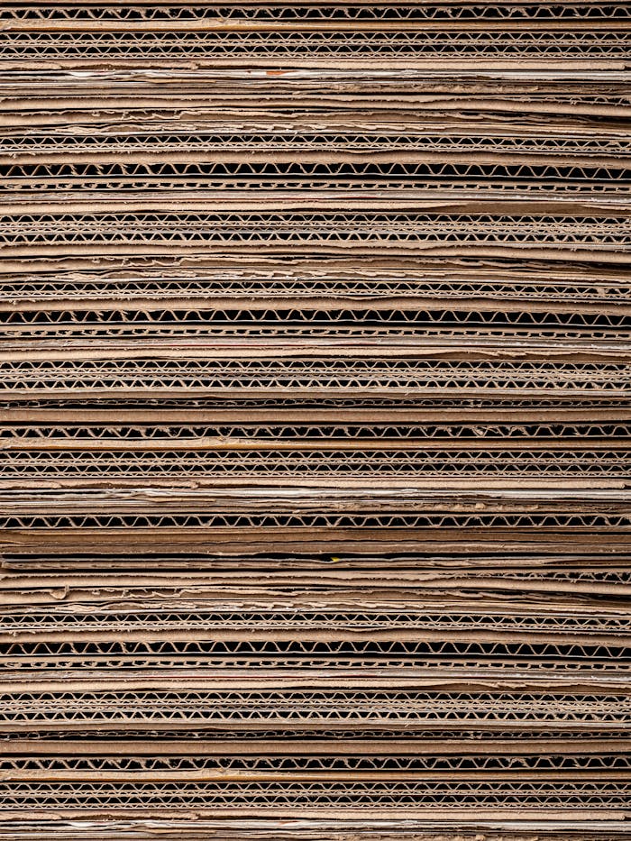 Close-up texture of stacked cardboard for recycling or crafting. Ideal for background use.