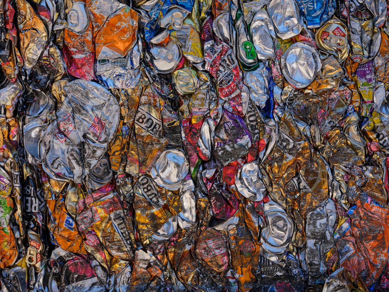 Crushed aluminum cans forming a colorful and artistic recycling texture.